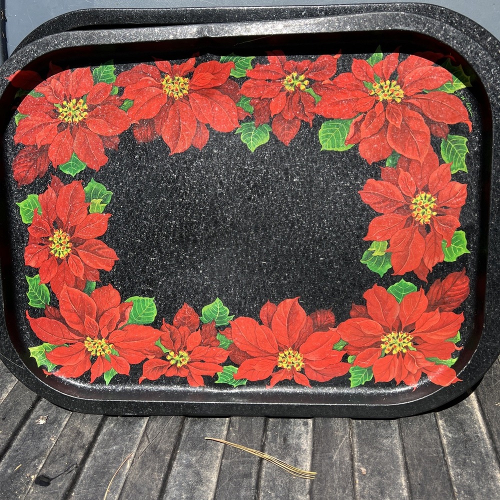 Vintage 1995 Potpourri Designs Christmas Poinsettia Serving Tray Tin 13.5x19.75"